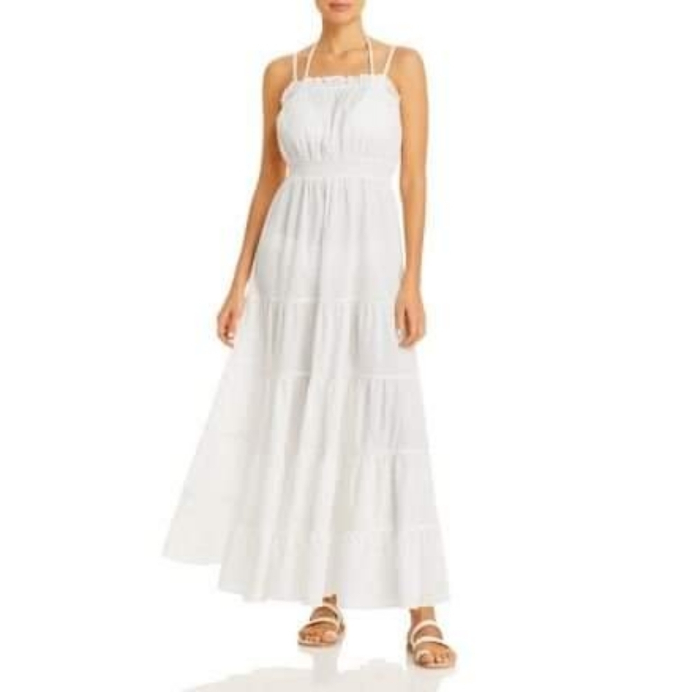 Aqua Swim Cotton Tiered Maxi Dress Cover-Up Ivory M
